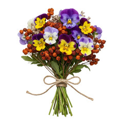 Obraz premium Colorful bouquet of pansies and berries tied with twine; vibrant blooms & earth tones