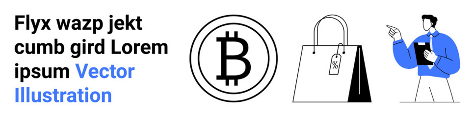 Bitcoin logo, shopping bag with price tag, and man pointing and holding a tablet. Ideal for cryptocurrency, e-commerce, shopping, retail, fintech, digital economy simple landing page