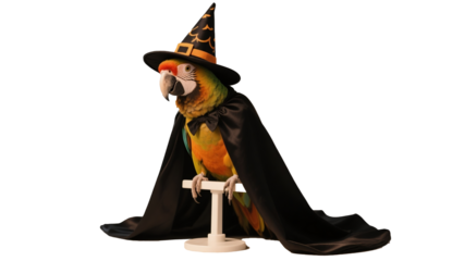 Colorful Parrot Dressed as Wizard for Halloween on transparent background