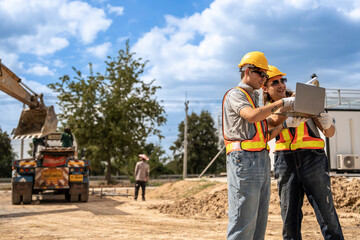 Two construction workers in hard hats and reflective vests discussing blueprints at an industrial...