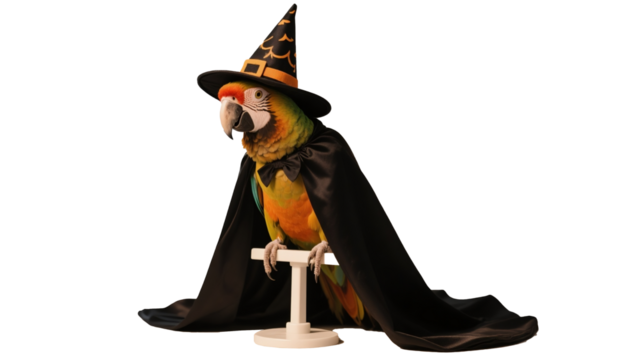 Colorful Parrot Dressed as Wizard for Halloween on transparent background