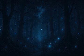 Mystical magical blue forest at night illuminated by glowing lights, enchanting atmosphere