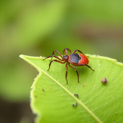 Fototapeta premium Parasitic deer tick waiting on green leaf with blurry nature background. Ixodes ricinus or scapularis. Closeup of hidden dangerous mite. Carrier of tick-borne diseases as encephalitis or Lyme disease.