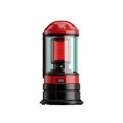 A image of a vibrant red emergency beacon light with a transparent glass dome and sleek black base isolated on a plain background