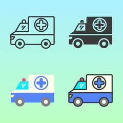 Fototapeta premium Ambulance icons in flat style, featuring various vehicle views with medical symbols. Suitable for emergency health banners, road safety campaigns, or transport-related materials.
