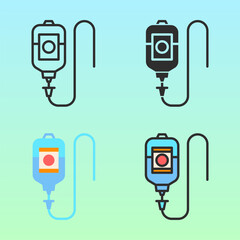 Set of flat IV bag and infusion tube illustrations in blue and black. Suitable for medical charts, posters, and health education campaigns.