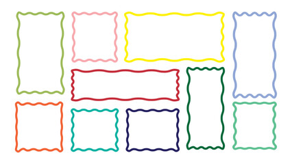 Set of rectangle frames with wavy edges. Wavy frame border set. Zigzag wavy edges, rectangles, photo frames, text boxes, tags, labels. Vector isolated set.