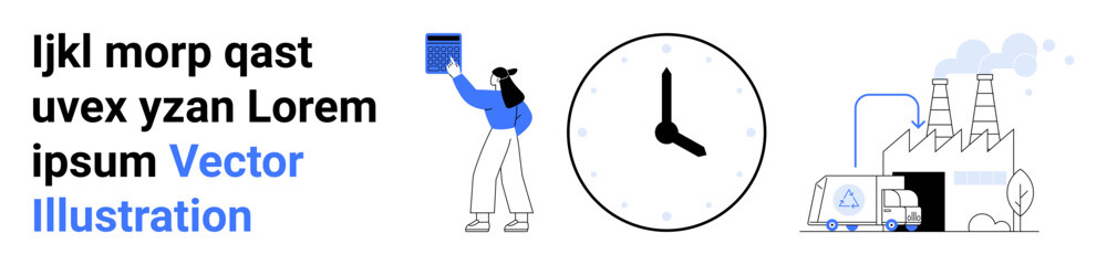 Worker arranging tasks, clock symbolizing time, and factory with truck conveying industry and logistics concepts. Ideal for time management, productivity, manufacturing, logistics, task planning