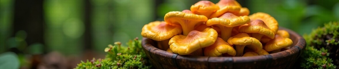 Close-up of chanterelle mushrooms in bowl surrounded by forest plants, still life, yellow mushrooms, foraging