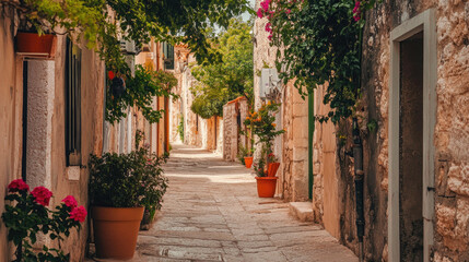 Fototapeta premium Charming cobblestone alley adorned with vibrant flowers