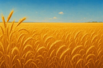 Naklejka premium Serene Golden Wheat Field at Sunset with Gently Swaying Stalks Under Clear Blue Sky in Agricultural Landscape Illustration