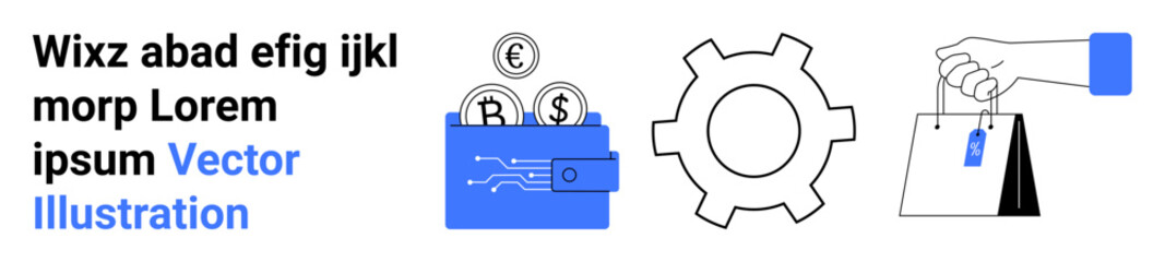 Digital wallet with coins, gear symbolizing operations, hand holding shopping bag with price tag. Ideal for e-commerce, fintech, technology, shopping, online payments, automation simple landing page