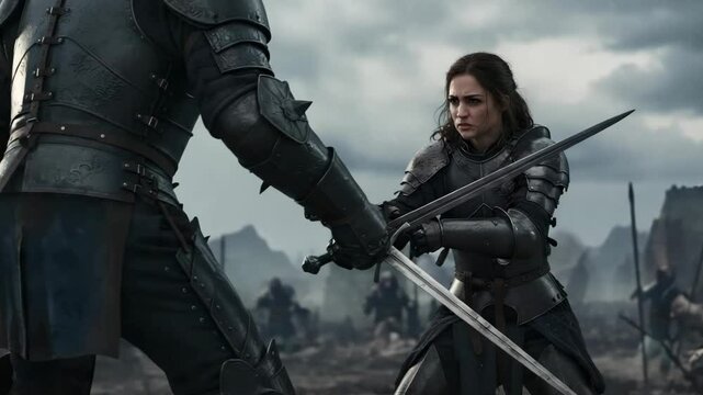 Female warrior clashing swords with armored enemy in close combat