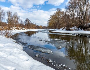 Serene Winter River Landscape with Ice and Snow Under Blue Skies