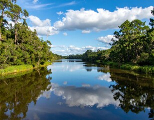 Fototapeta premium Tranquil River Landscape Under Bright Blue Sky with Reflections