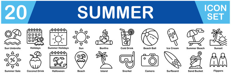 Summer Icon Set With Sun Umbrella, Holidays, Summer Holidays, Sun, Bonfire, Cold Drink, Beach Ball, Ice Cream, Summer Beach, Sunset, Summer Sale, Coconut Drink, Halloween, Beach