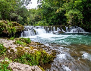 Obraz premium Tranquil River Flow with Cascading Waterfalls and Lush Greenery