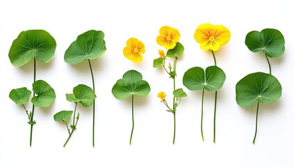 Arrangement of vibrant yellow flowers and lush green leaves.