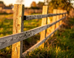 Fototapeta premium Rustic Wooden Fence Bathed in Golden Sunset Light on Farm Field