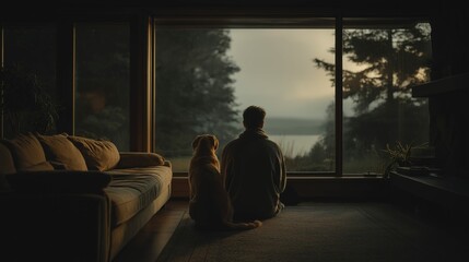 Contemplative young caucasian male with dog enjoying serene sunset view by large window