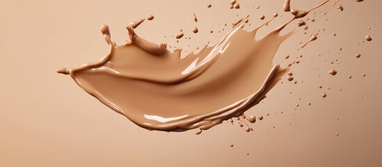 Foundation product bottle splashes in liquid foundation composition background.