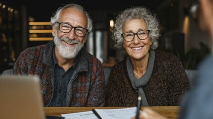 Elderly caucasian couple smiling during financial planning meeting at home