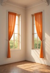 Bright Corner Room with Natural Light Shining Through Orange Curtains