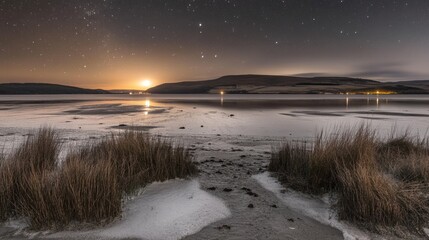 Obraz premium Nocturnal lake landscape under a celestial display