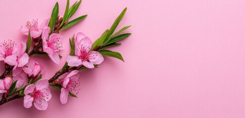 Fototapeta premium Delicate Pink Blossoms On A Branch Against A Pink Background