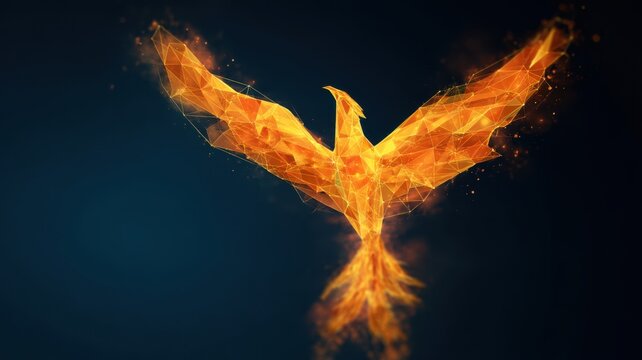 A fiery, geometric phoenix rises against a dark background, symbolizing rebirth and transformation.