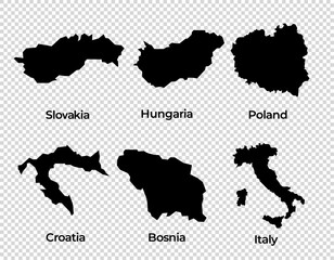 Obraz premium Map shape collection transparent background country simple map of Europe European countries Slovakia Hungary Poland Croatia Bosnia Italy