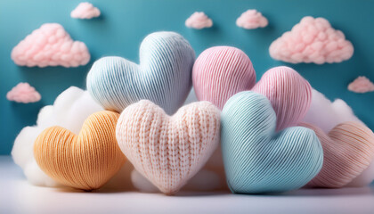Fototapeta premium soft pastel knitted hearts with dreamy cloud decor