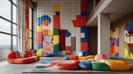 Vibrant, colorful living room with playful modular furniture and a bold geometric wall
