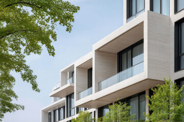 modern architectural facade featuring large and lightcolored balconies emphasizing sleek lines and minimalist