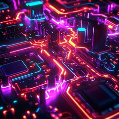 Close-up view of intricate neon-lit circuit board.