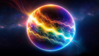 radiant rainbow colored sphere form with sparkling details on dark cosmic background bright sphere surface electric discharge energy round planet globe with colorful plasma lightning