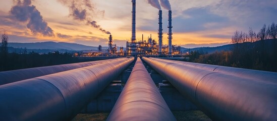 View from the aerial of a pipeline system or gas pipeline refinery in a plant industry area, a transport valve station in a factory, and a power and energy