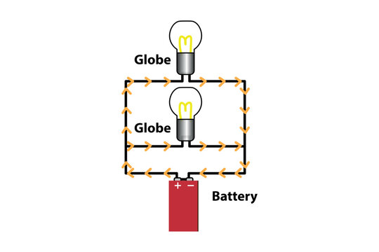 Series and parallel electrical circuits. Parallel circuit, Series circuit, basic electric circuits experiment vector. Kirchhoff voltage law. series and parallel circuits with Batter and light bulb