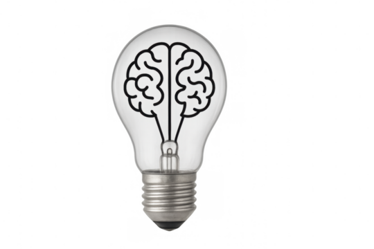 Glowing brain-filled light bulb representing creative thinking and innovative concept on transparent backdrop