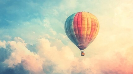Naklejka premium Colorful hot air balloon against a pastel sky filled with clouds.