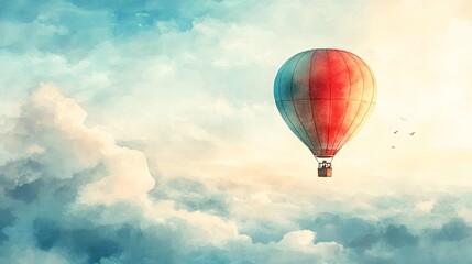 Naklejka premium Colorful hot air balloon floats among soft clouds.