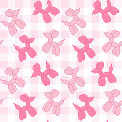 Seamless pattern of pink balloon dog figures on pink gingham pattern background, ideal for party decoration and playful designs.