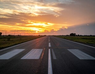 Fototapeta premium Serene Sunset Over Open Road with Crosswalk and Vibrant Sky