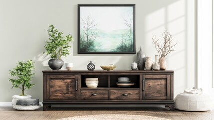 A living room scene with a dark wooden  stand and potted plants.