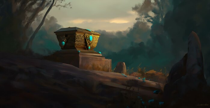 Mystical Forest Exploration: Ancient Ruins and Magic Box in Serene Landscape with Crystal Accents