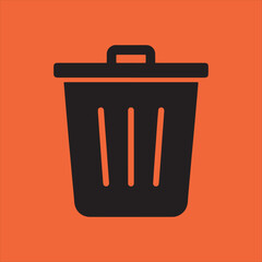 Simple black trash can icon on orange background