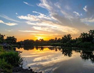 Obraz premium Serene Sunset Over Calm River with Reflective Water and Cloudscape