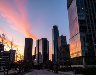 Fototapeta premium Beautiful Sunset Over City Skyline with Orange and Pink Clouds