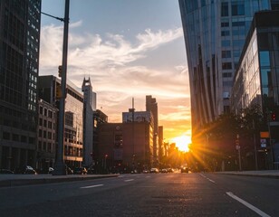 Obraz premium Golden Sunset over City Skyline with Buildings and Street View