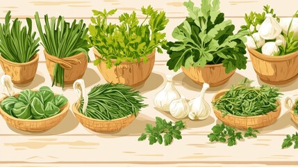 Fresh Herbs in Wooden Bowls